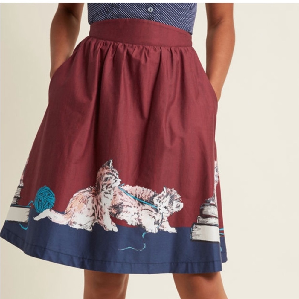 Modcloth Burgundy and Navy Cat Print Skirt